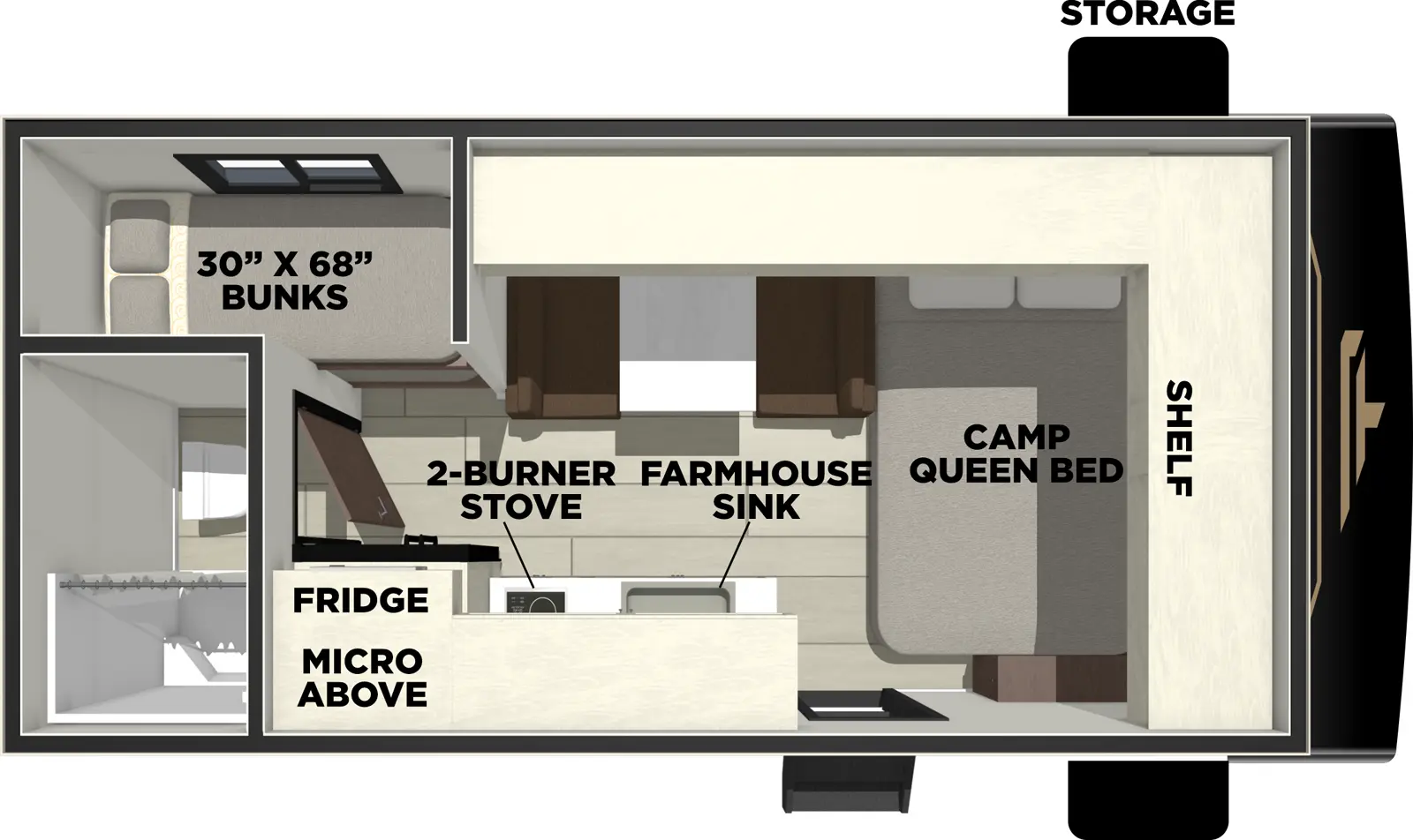 The Avenger 16BHX floorplan has one entry and zero slide outs. Exterior features include: metal exterior. Interiors features include: bunk beds and front bedroom.